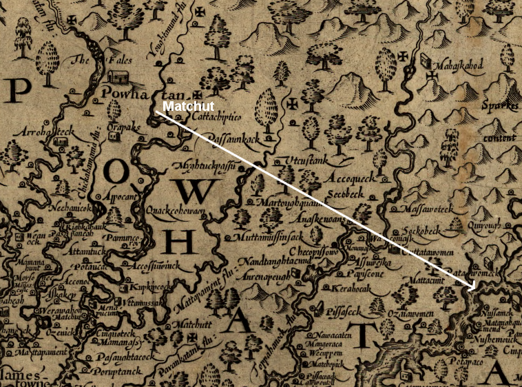 Pocahontas walked from Matchut to the town of the Patawomeck in 1613, and returned by ship in 1614 to tell her brothers that she planned to marry John Rolfe