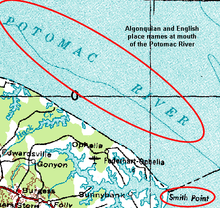 Algonquian and English place names at mouth of Potomac River