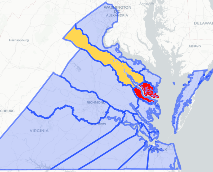 the original Rappahannock County (orange) was created in 1656, carved out of Lancaster County (red)