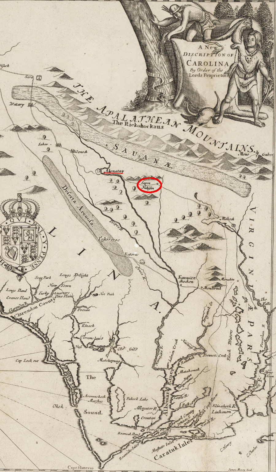 the Sappony lived in Sapona and Nahisan, as well as the Akenatzy (Occaneechi) town, when John Lederer explored south of the James River in 1669 and 1670 (on map, north is to the right)