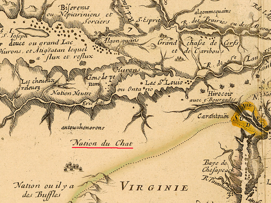 until displaced in 1654 by the Beaver Wars, the Erie (Nation du Chat) lived near Lake Erie and north of the Ohio River
