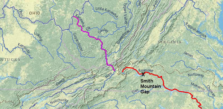 Smith Mountain Gap offered a meeting spot in Paleo-Indian times for travelers from moving east up the Kanawha/New rivers (in purple) and west up the Roanoke River (in red) to trade sealskins, seashells, and unique forms of stone