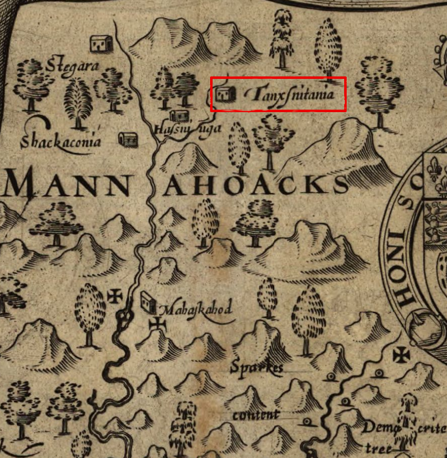 Amorolek told John Smith that the town of Tauxuntania was upstream of the Rappahannock River's confluence with what we now call the Rapidan River, perhaps near modern-day Remington or Waterloo