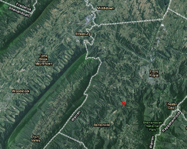 the Paleo-Indian Thunderbird quarry is located on the South Fork of the Shenandoah River