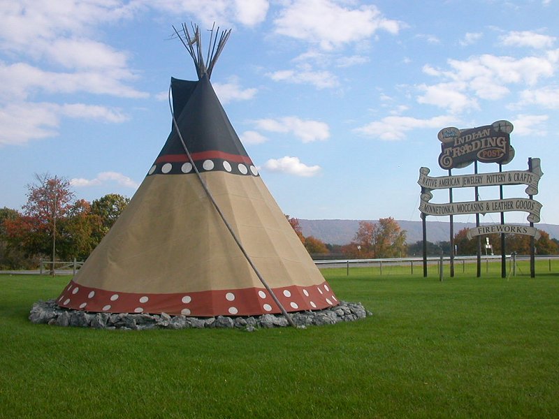 teepees were used by the Siouan-speaking tribes on the Great Plains, where wood was scarce and hides were plentiful (this one was formerly used to mark a retail outlet on I-81 near Edinburg)