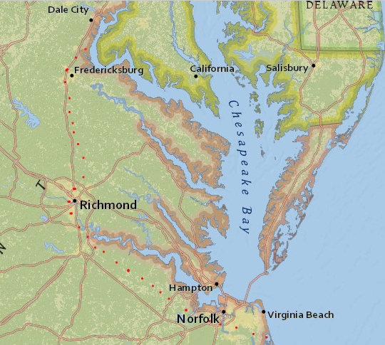 red dots outline a rough approximation of Tsenacommacah, the territory controlled by Powhatan in the early 1600's