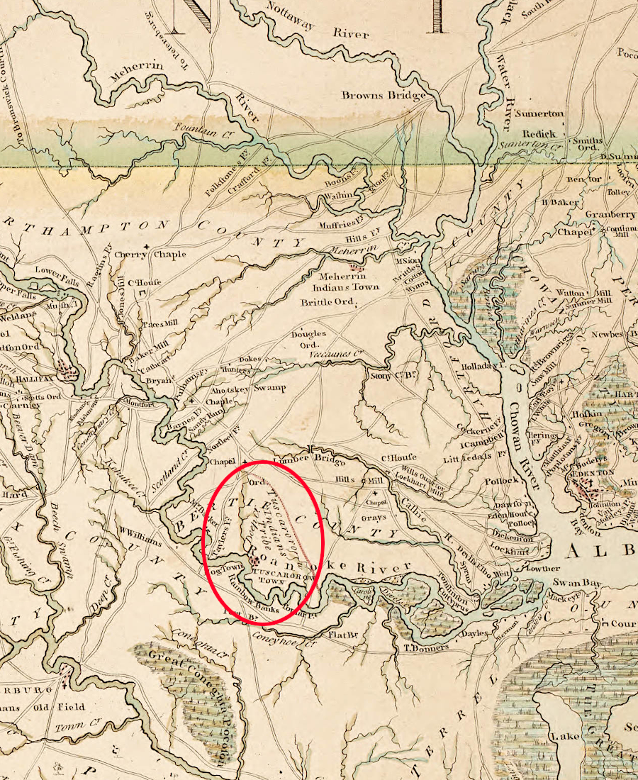 the Tuscarora Reservation on the Roanoke River was created for Chief Blount's band after the 1711-1713 Tuscarora War