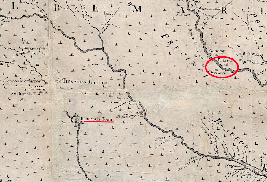 the Lower Towns led by Chief Hancock were further away from the colonists (but may have been located further downstream than shown on a 1733 map)