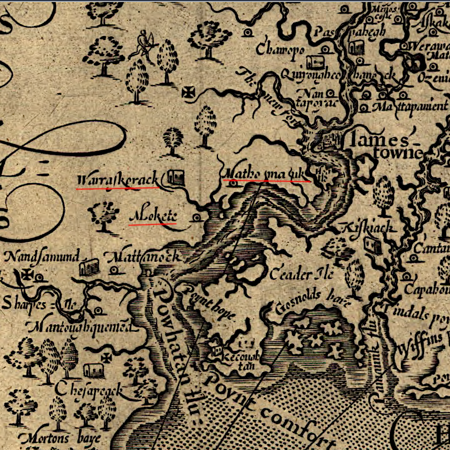 John Smith recorded the location of three Warraskoyak towns centered on the Pagan River