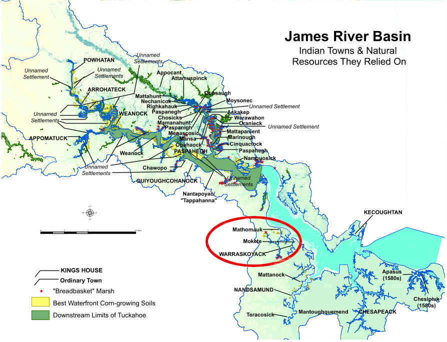 John Smith recorded the location of the Warraskoyak, between Hog Island-Pagan River