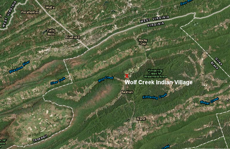 Wolf Creek Indian Village, occupied around 1500 CE and destroyed when I-77 was built in 1968, has been reconstructed for interpretation (Bland County)
