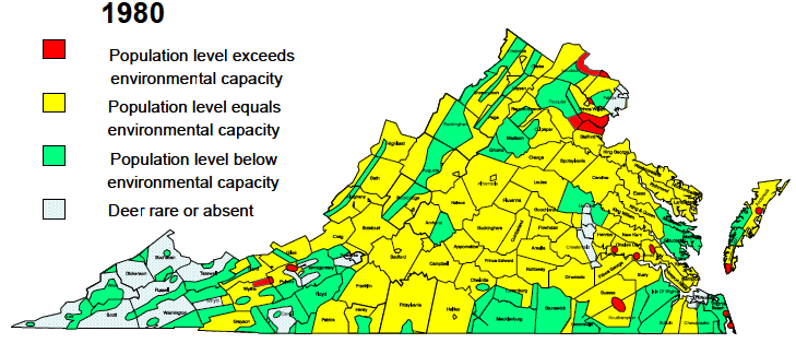 Virginia deer distribution and relative abundance in 1980 (est. 425,000 deer)