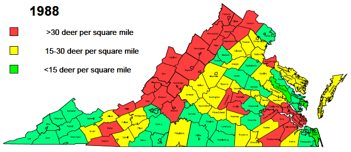 Virginia deer density estimates by county in 1988 (estimated 575,000 deer)