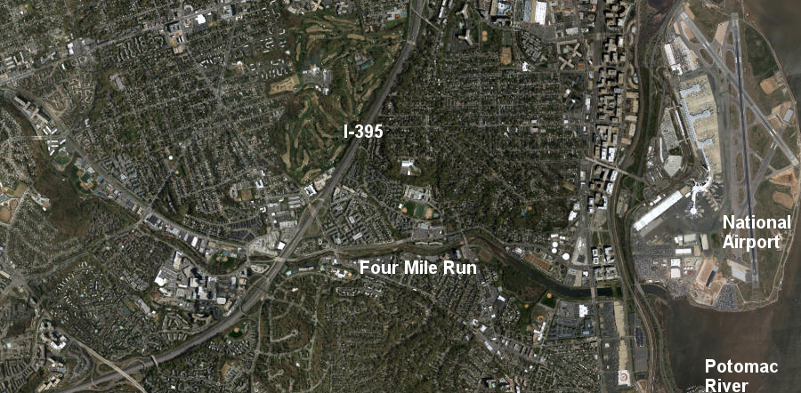 Four Mile Run flows through Arlington County from I-66 to Ronald Reagan Washington National Airport