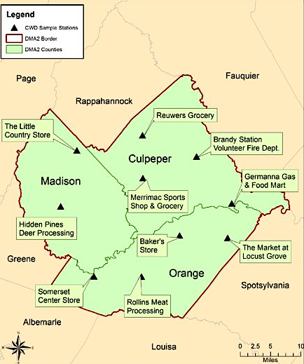 locations of hunter testing stations in the initial three-county Chronic Wasting Disease Containment Area 2