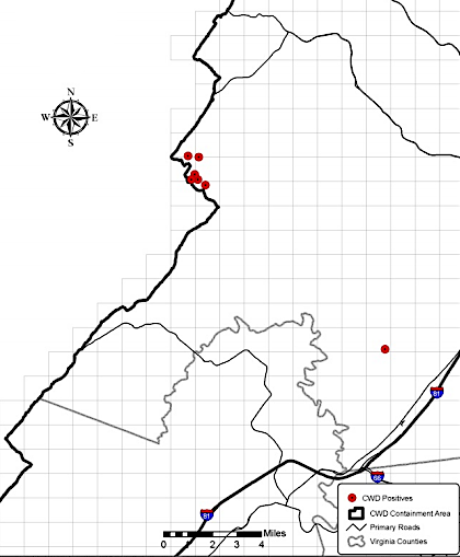 starting with a cluster in Frederick County, Chronic Wasting Disease was identified in three Virginia counties between 2009-2018