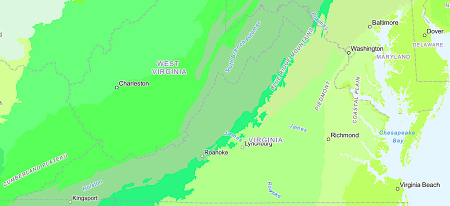 Virginia's ecoregions, as defined in the Commission for Environmental Cooperation's North American Terrestrial Ecoregions (2021)