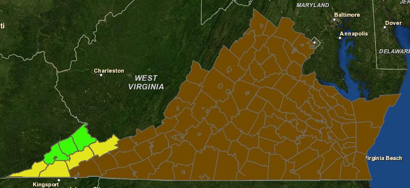 Virginia officials considered reintroducing elk in counties on the Appalachian Plateau counties (green) and in the Valley and Ridge (yellow)