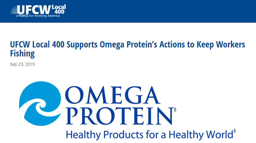 in 2019, United Food and Commercial Workers Local 400 expressed support for Omega Protein exceeding the limit inside the Chesapeake Bay