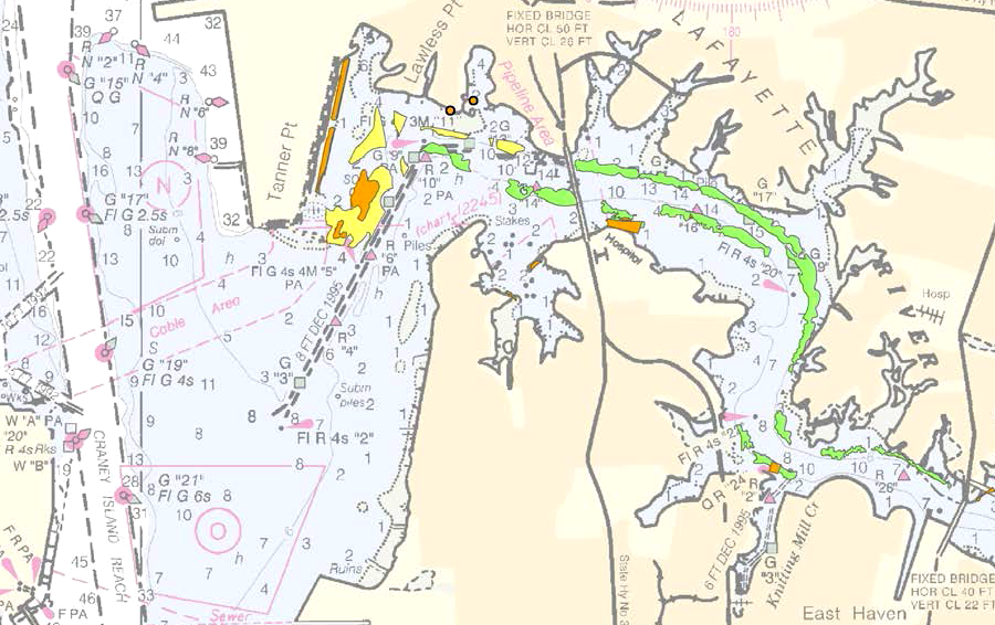 existing oyster reef restoration projects (orange), relict reefs (green), and prime restoration bottom (yellow) in the Lafayette River