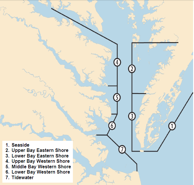Virginia oyster growers have define six regions based on salinity (