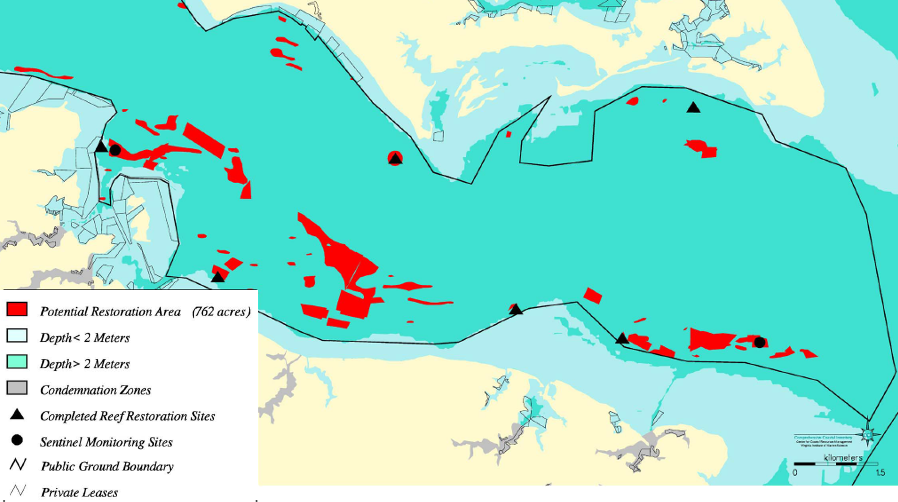 candidate locations for oyster restoration at mouth of Rappahannock River