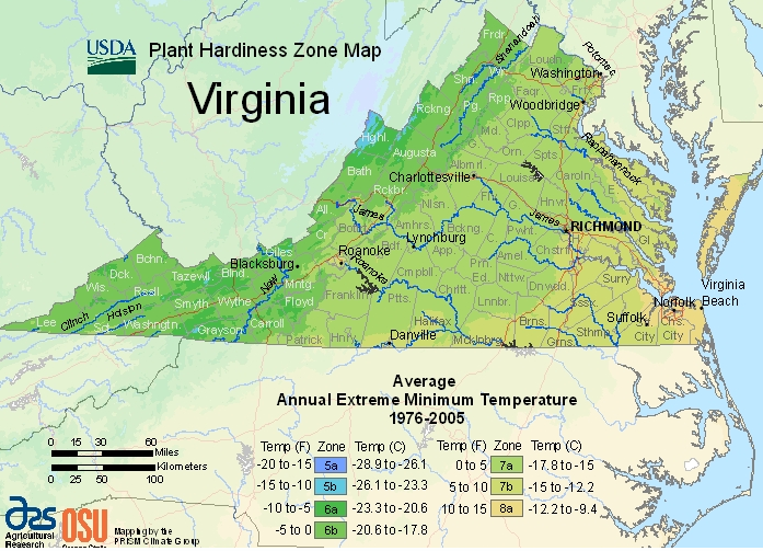 the average annual minimum winter temperature can be used as a guide for which plants will survive in different regions of Virginia
