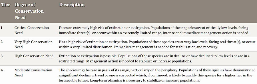 to prioritize resources dedicated to non-game species, the Wildlife Action Plan identifies four tiers of Species of Greatest Conservation Need