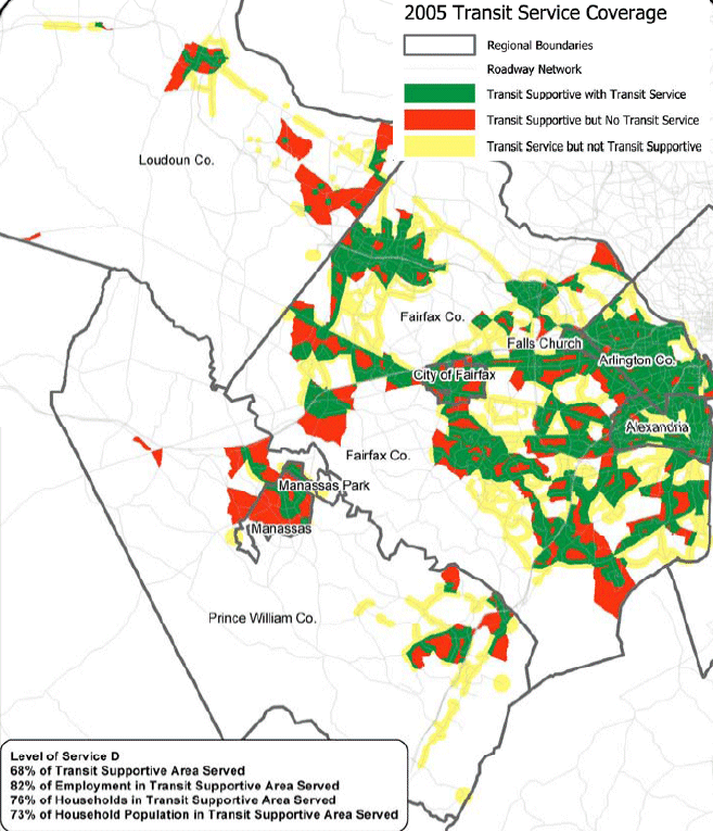 areas served by transit - note low service levels in low-density areas in periphery counties