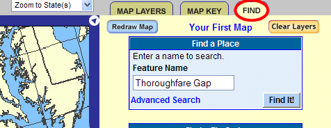 Use FIND tab to search for Thoroughfare Gap