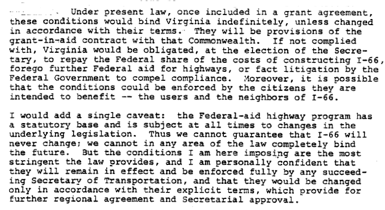 Key points in Coleman decision, limiting width of I-66 inside Beltway (1977)