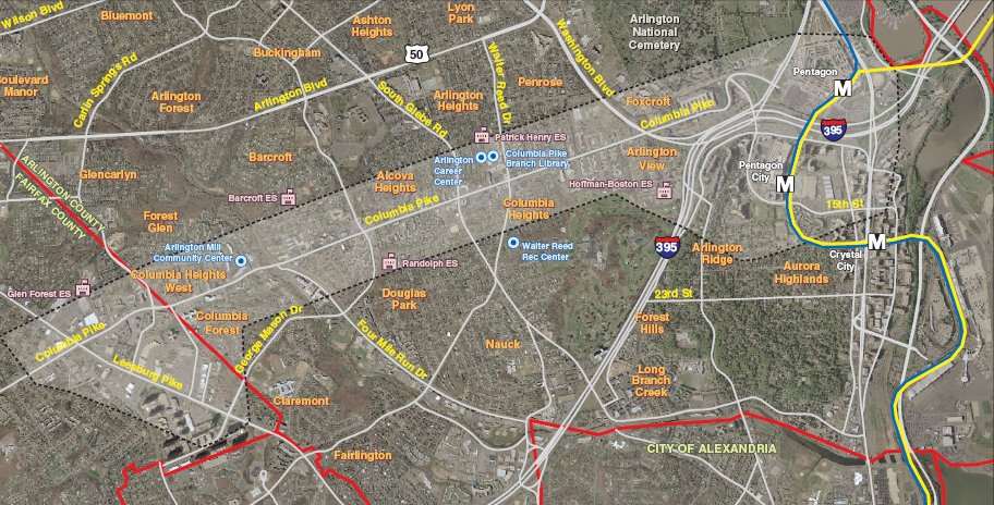 Columbia Pike revitalization area, to be stimulated by the trolley/streetcar