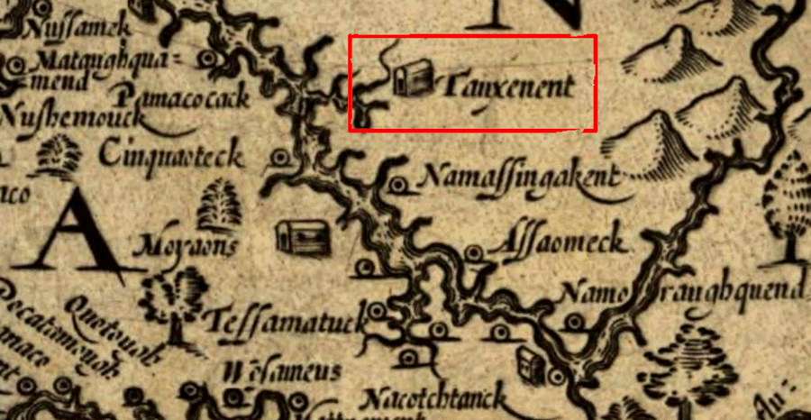 John Smith documented the location of the main Moyumpse/Dogue town, Tauxenent, with the symbol of a king's house