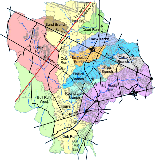 major subwatersheds in the Cub Run and Bull Run watersheds in western Fairfax County/eastern Loudoun County