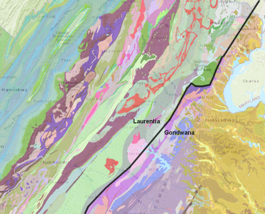 the black line between the Chopawamsic and Western Potomac terranes may approximate the suture where crust from Gondwana is attached to crust from Laurentia