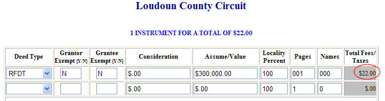 Loudoun Circuit Court - fee for recording 1 page refinancing document