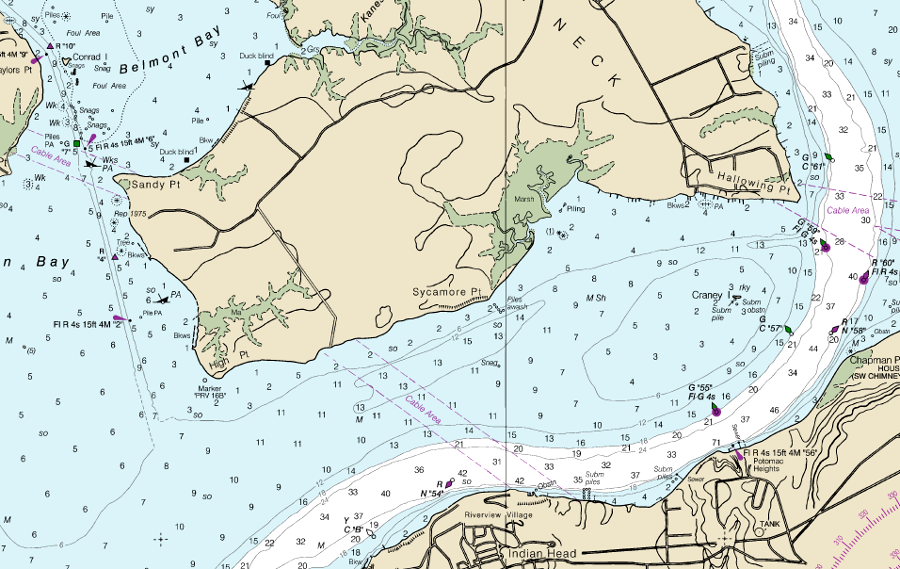 bathymetry of the Potomac River shows the deep channel is near the opposite shore, away from Mason Neck