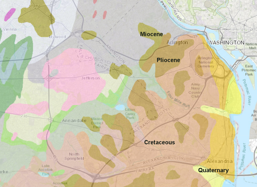 sedimentary deposits dating back to the time of the dinosaurs, and more recent deposits as well, remain on high points in Northern Virginia