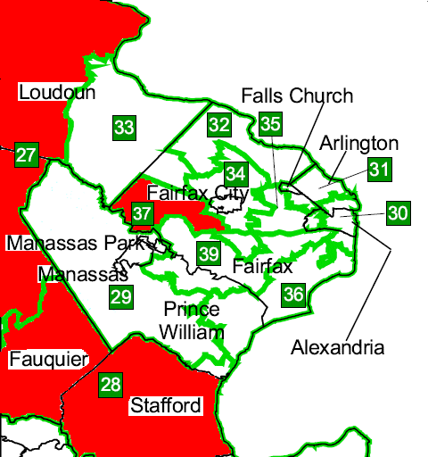 NOVA members in State Senate (districts on periphery represented by Republicans shown in red)