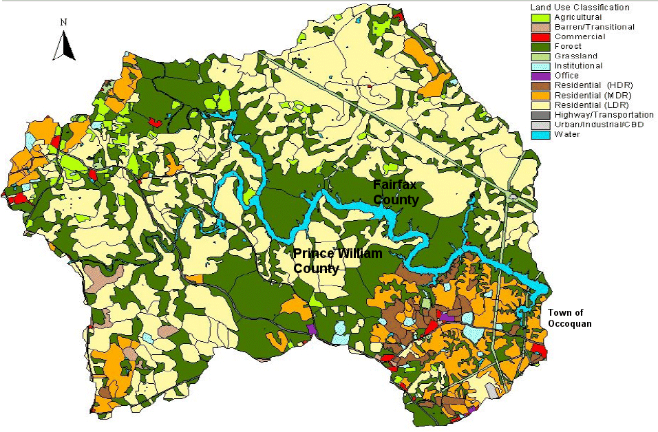Occoquan land use - note how Fairfax border of reservoir is Forest vs. Residential land use classification in Prince William
