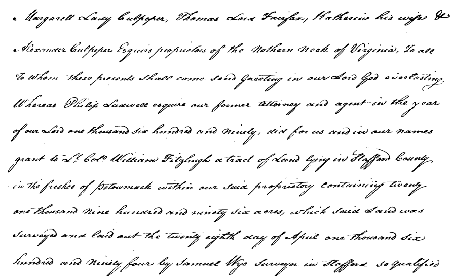 Ravensworth grant for 21,996 acres in the freshes of Potomack River, as re-issued on October 1, 1694