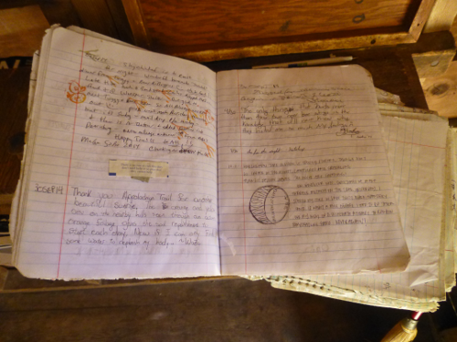 Appalachian Trail hikers record their experiences, as in this notebook at Bailey's Gap Shelter (Giles County)
