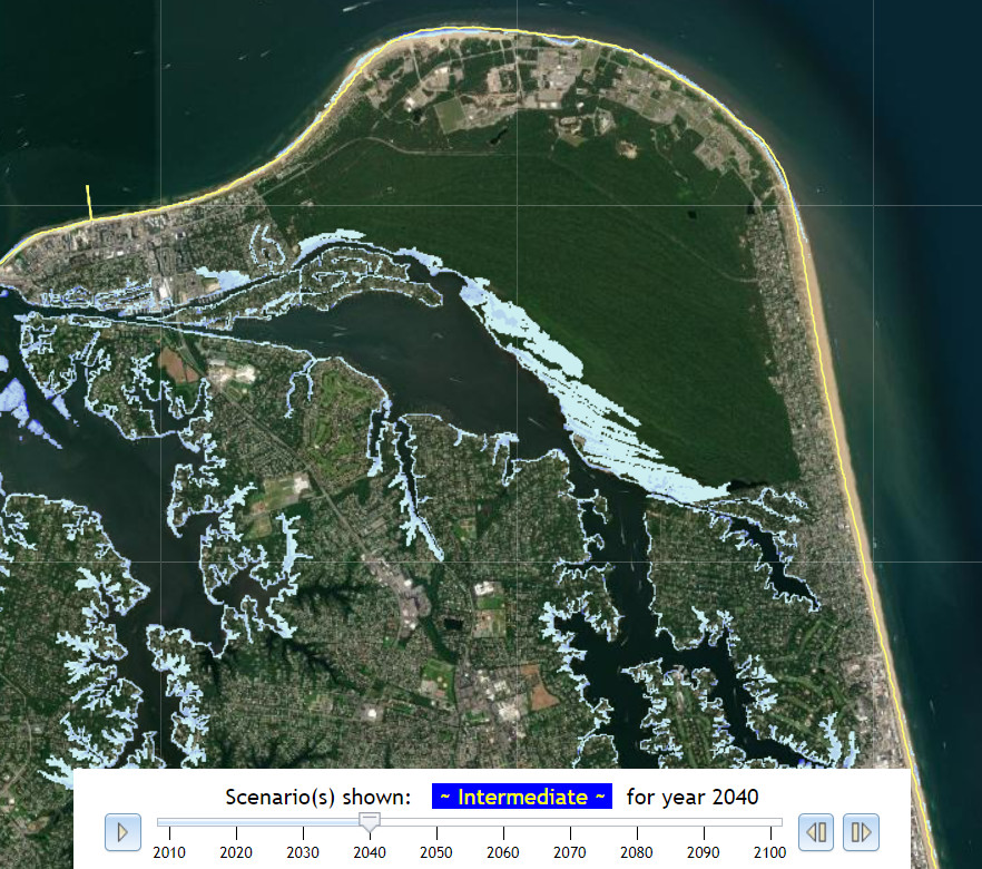 in the Intermediate scenario for sea level rise, by 2040 the high ground of First Landing State Park is only slightly affected