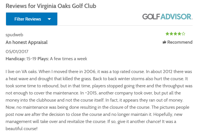 the last review posted on Golf Advisor for Virginia Oaks Golf Course