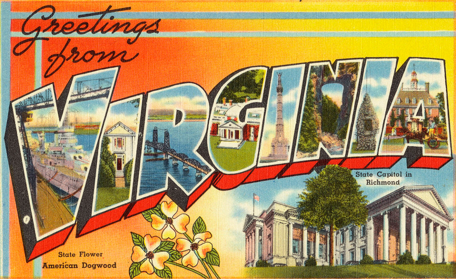 a pre-World War II postcard encourages tourists to visit Virginia