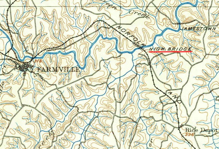 the Norfolk and Western Railroad crossed the Appomattox River via High Bridge, which is now a popular trail