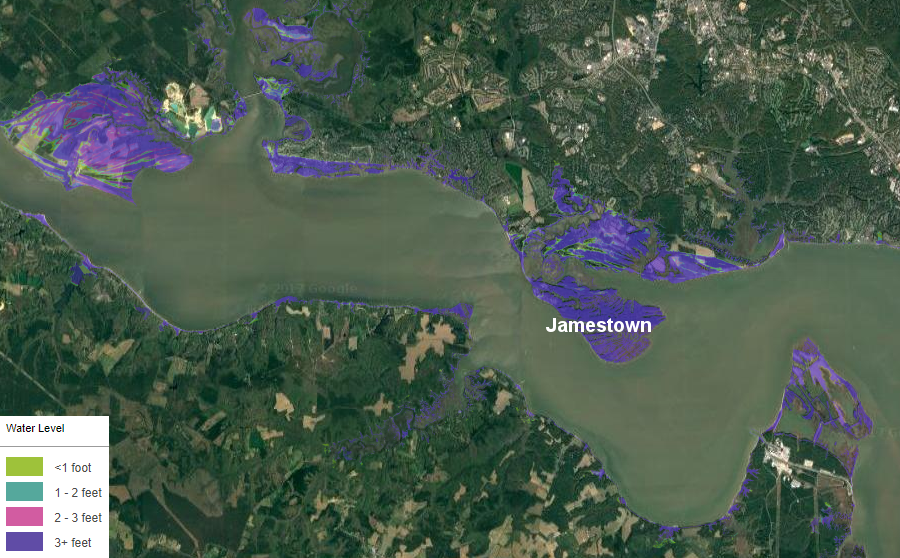 a Category 3 hurricane would flood Jamestown Island under three feet of water