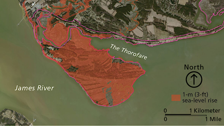 three feet of sea level rise will completely flood Jamestown Island, transforming it into a tidal mudflat