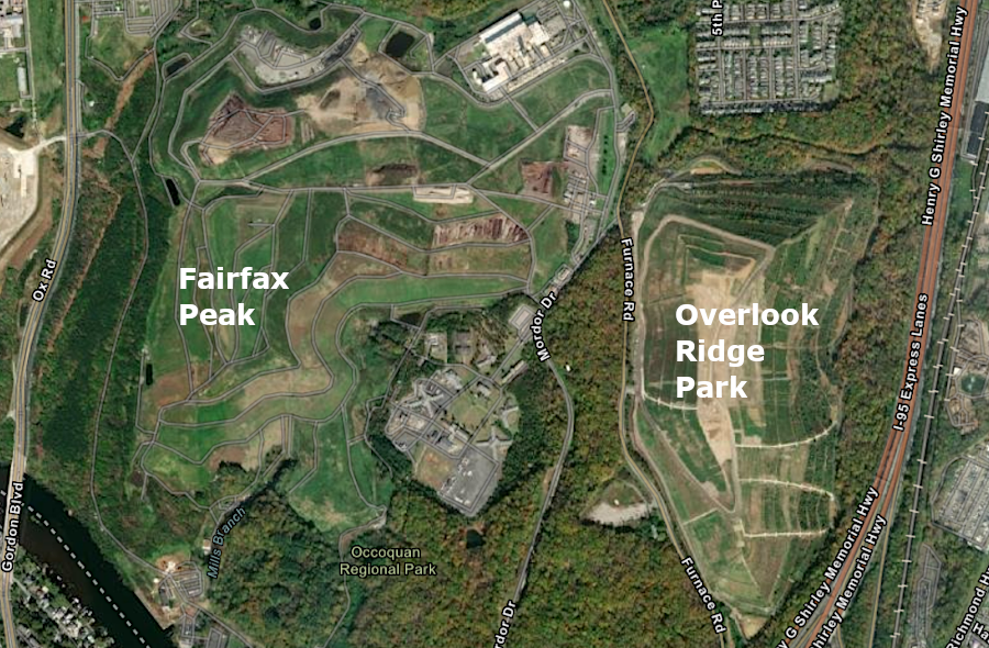 Fairfax Peak was planned west of the taller landfill on which Overlook Ridge Park was planned