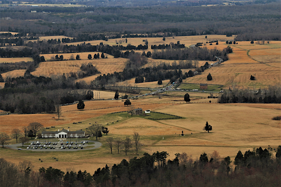 looking north past National Park Service visitor center on Henry Hill towards Stone House